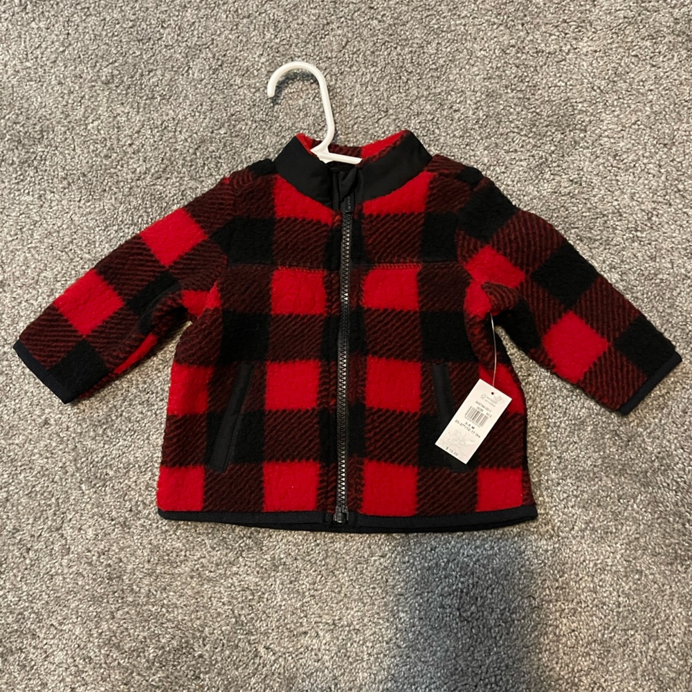 Old Navy Baby Red and Black Plaid Sherpa Zip-Up 3-6m NWT